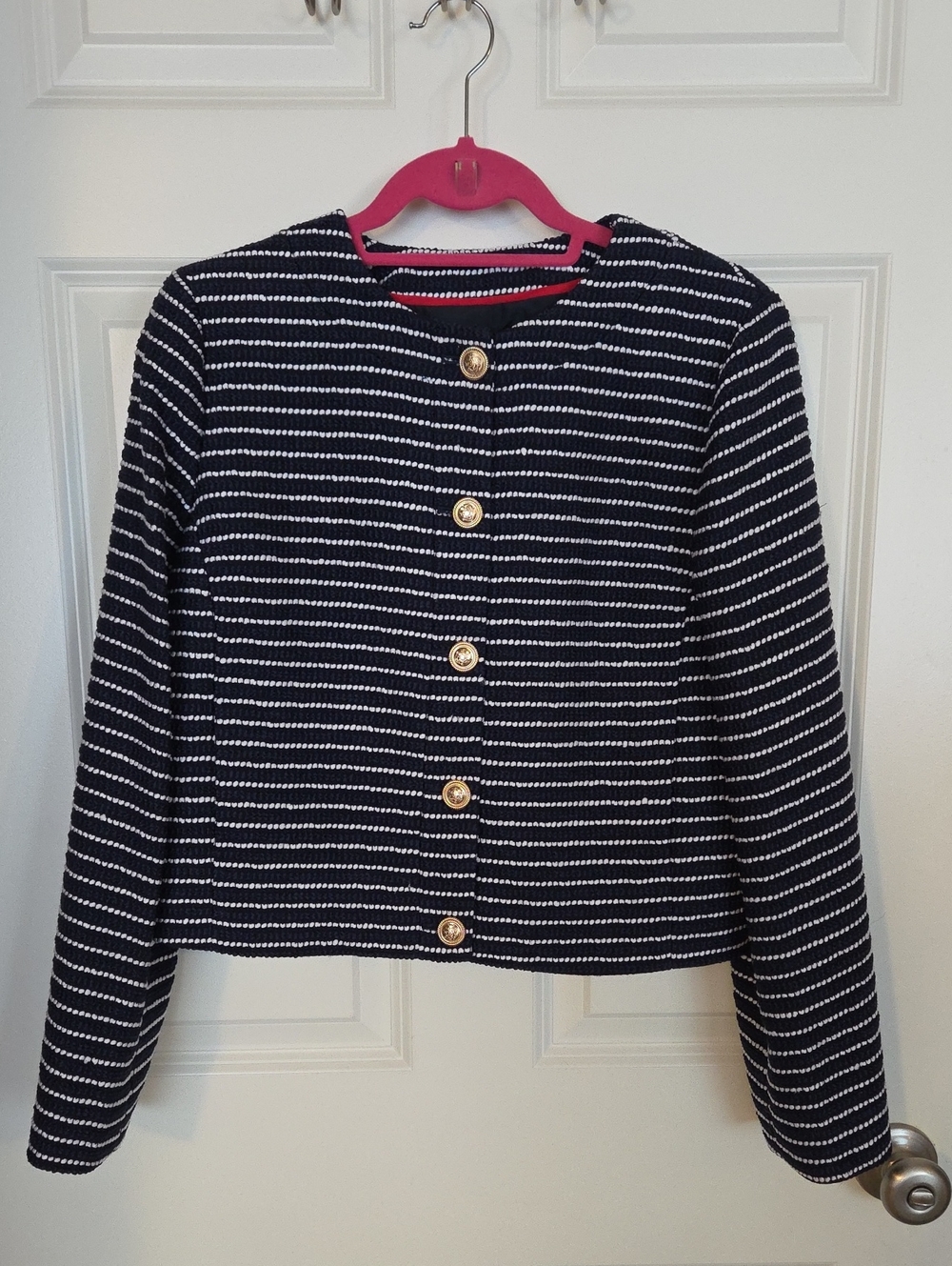 J. Crew Navy and White Striped Tweed Lady Jacket